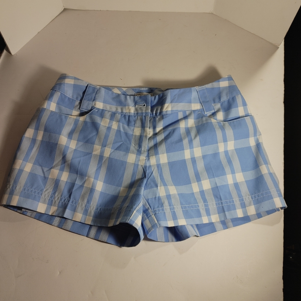 Adidas short shorts blue and white plaid size 0 Adidas written on pocket